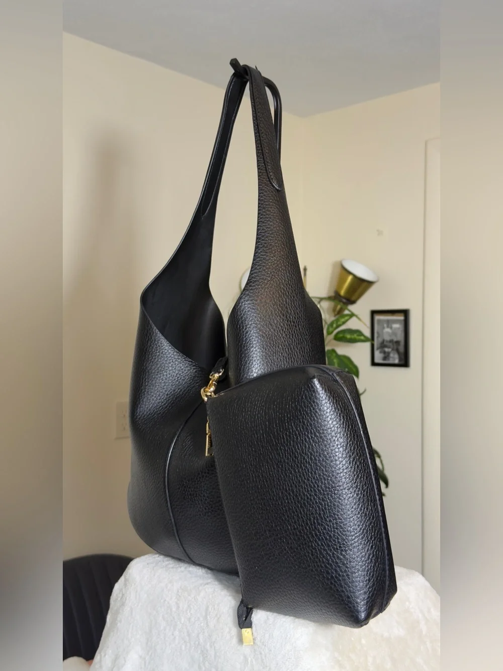Black Pebbled Leather Slouchy Hobo Bag Minimalist Tulip Tote Pouch
